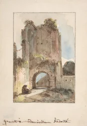 Moine assis devant une porte en ruine, n.d.