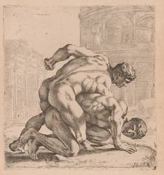 Les Lutteurs Médicis, vue latérale, tournés à droite [plaque 35]