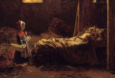 Le Petit Chaperon Rouge, détail. Illustration du conte de Charles Perrault, le Petit Chaperon Rouge devant le loup déguisé en grand-mère