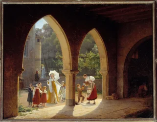 Madame Élisabeth de France (1764-1794), sœur de Louis XVI assistant à la distribution de lait dans sa maison de Montreuil près de Versailles. Peinture par François Richard Fleury (1777-1852). Versailles, musée du château