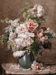 Nature morte of pivoines et roses. Peinture de Francois Rivoire (1842-1919) Collection privee.