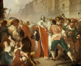 Le Garde des Sceaux Mathieu Molé (1584-1656) résistant aux factieux lors de la journée des barricades pendant la Fronde le 27 août 1648 La foule en colère exige la libération de Pierre Broussel arrêté en raison de son opposition aux nouvelles taxes proposé