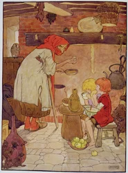 Hansel et Gretel sont nourris par la sorcière, illustration de 