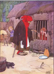 La vieille femme enferma Hansel dans une étable, de Hansel et Gretel publié par Blackie & Son Limited, vers 1940