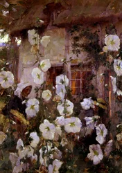 "Fin de journee" Femmes dans un jardin au crepuscule. Peinture de Frank Bramley (1857-1915)