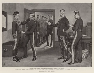 Essayage de nouveaux uniformes, une scène au dépôt de la Royal Horse Artillery