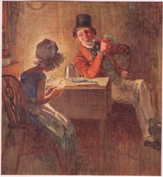 La marquise tenant ses cartes très serrées dans les deux mains, considérant laquelle jouer, c.1920 (lithographie en couleur)