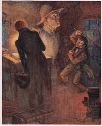 Le nain jeta le journal dont il chantait déjà les mots cités et saisissant une barre de fer rouillée, c.1920 (lithographie en couleur)