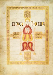 Lat 9389 f.18v Symbole de Matthieu, `Imago Hominus, Lindisfarne, du Livre des Évangiles d