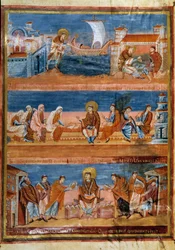 Saint Jérôme quittant Rome et payant son maître à Jérusalem (en haut), travaillant avec ses scribes (au centre) et distribuant la Vulgate (en bas). Miniature dans « Première Bible de Charles le Chauve, également connue sous le nom de Bible de Vivien » (Fol