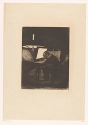 Graveur à la lumière de la lampe (Six Eaux-fortes, dessinées et gravées par F. Bonvin, Peintre)