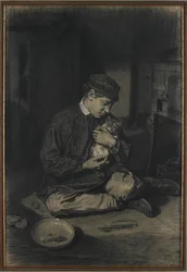 Garçon assis tenant un chat (recto); Étude de chatons et une assiette de lait (verso), c. 1874-80