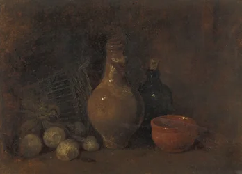 Nature morte avec quatre fruits, verre et poterie