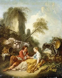 Un paysage pastoral avec un berger et une bergère assis près de ruines
