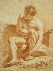 Un nu assis avec un bâton, un relief avec des putti à gauche, 1738