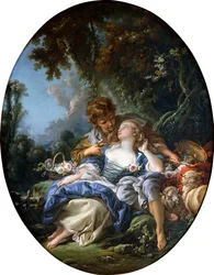 Un berger et une bergère en flirt dans un paysage boisé, 1761