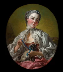 Jeune dame tenant un carlin