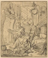 Scène domestique : Mère avec deux petits enfants devant une cheminée