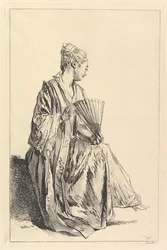 Femme assise, de profil à droite, jouant de l