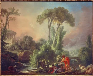 Paysage fluvial avec temple antique