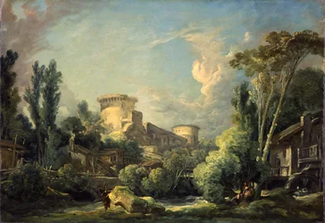Paysage avec château et moulin