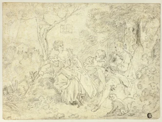 Bergères et jeune homme jouant de la cornemuse