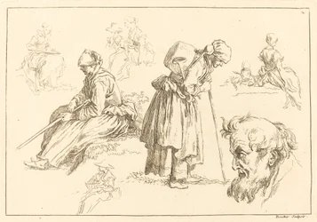 Études de figures incluant une femme avec une bouilloire