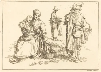 Mère assise et enfant, deux paysans debout