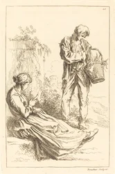 Femme assise avec un garçon paysan tenant un panier