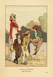 Garçons en vestes et culottes avec Merveilleuse en robe romaine avec bonnet et veste spencer. Petits Patriotes, An VIII