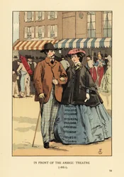 Couple à la mode devant le Théâtre Ambigu