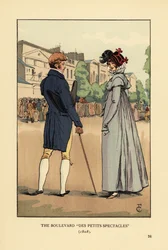 Couple à la mode sur le Boulevard du Temple, Paris. Le Boulevard des Petits Spectacles
