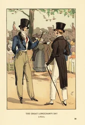 Gentlemen à la mode en chapeau haut de forme et queue-de-pie avec cannes. Un grand jour de course à l