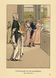 Femme à la mode se promenant dans la galerie du Palais Royal, Paris, An VIII