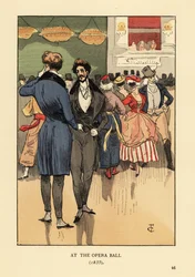 Fops en manteau à queues, gilet, pantalon serré et bas blancs. Personnes en costume de fantaisie et masques derrière eux. Au bal de l