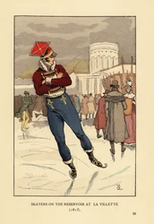 Lancier et messieurs patinant sur le Bassin de la Villette, Paris