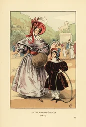 Femme et enfant avec cerceau jouant dans le parc. Aux Champs Élysées