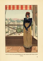 Femme à la fenêtre surplombant les Panoramas et le Passage des Panoramas, boulevard Montmartre, Paris