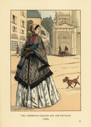 Femme devant la fontaine de la Place Gaillon, Paris. Elle porte un châle en cachemire avec des trous pour les bras appelé la visite sur sa crinoline. Le carrefour Gaillon et la fontaine