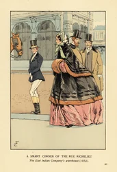 Femme en cape doublée de fourrure et manchon sur une large crinoline, avec une autre femme en tenue d