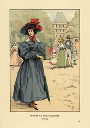 Femme se promenant en tenue du dimanche dans le parc. Elle porte un chapeau à large bord, une robe à manches bouffantes, des bottines et un parasol. Dimanche au jardin des Tuileries