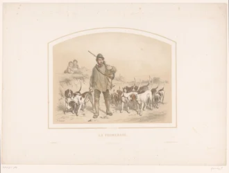 Chasseur avec dix chiens de chasse