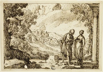 Scène mythologique non identifiée avec un homme et une femme conversant dans un paysage classique