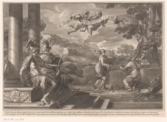 Personnifications assises du Génie et de la Philosophie avec des nymphes plantant des roses