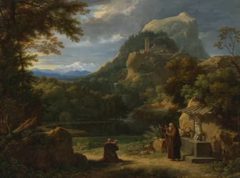 Saint Antoine de Padoue présentant deux novices à des frères dans un paysage de montagne