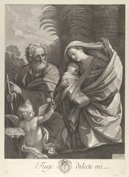 La Fuite en Égypte, la Sainte Famille marchant ensemble, Saint Joseph pointant vers..., vers 1648-81