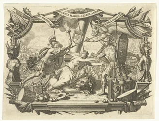 La vierge hollandaise attaquée par un soldat et protégée par le Père Temps dans un cadre avec trophées d