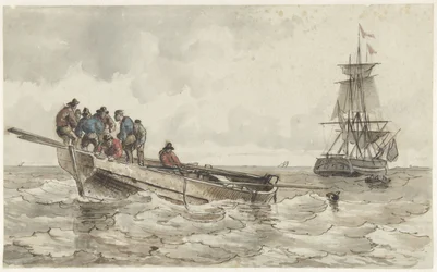 Huit hommes dans une barque près d