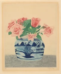 Roses roses dans un pot de gingembre avec décorations chinoises