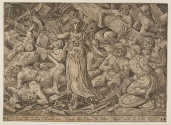 Victoria entourée de prisonniers et de trophées de guerre